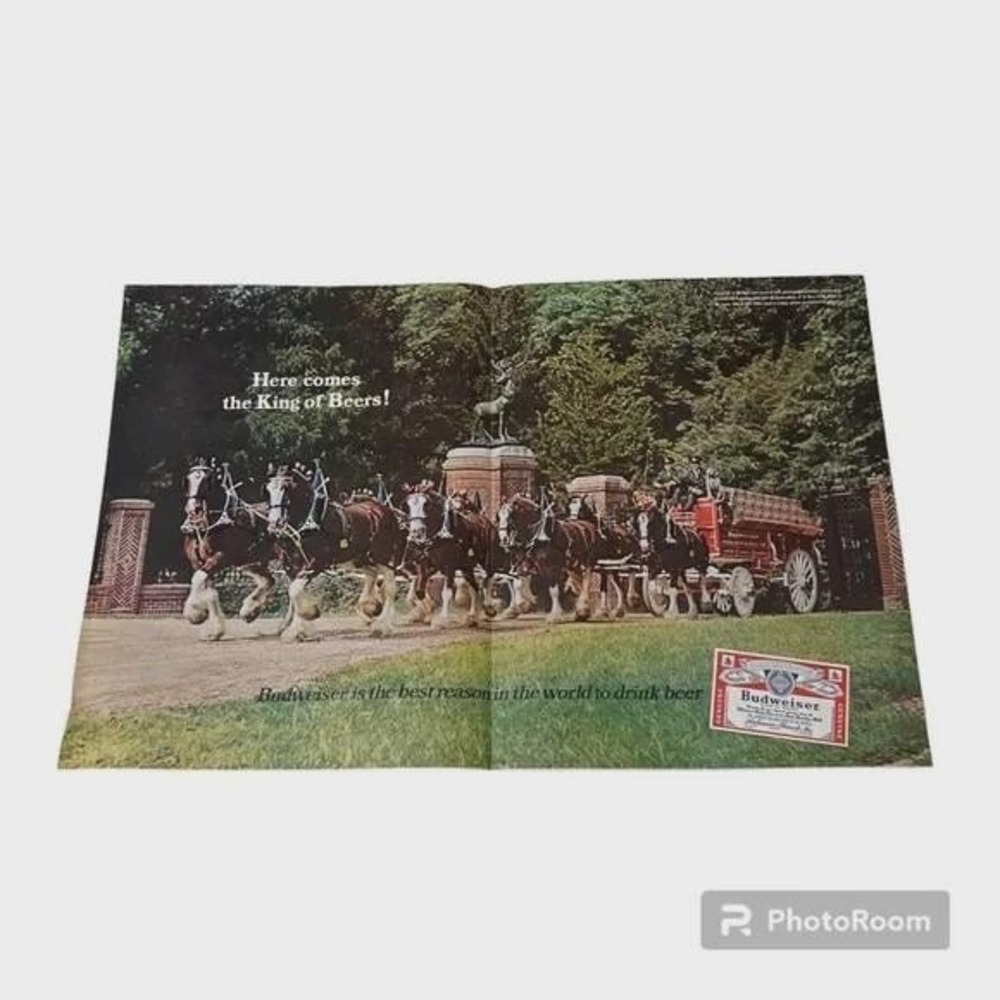 1967‎ Budweiser Clydesdale Horses Double Page Original Vintage Print Ad